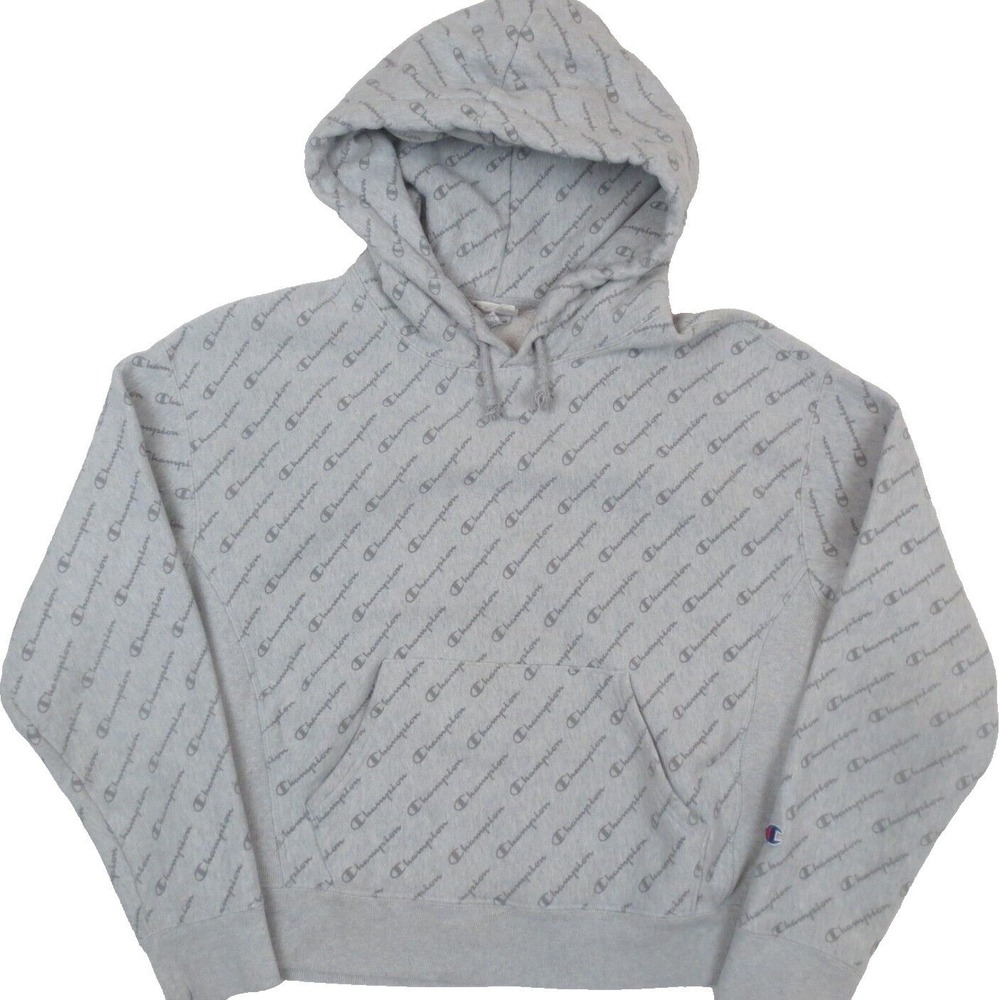 Champion Reverse Weave Hoodie Adult Large Gray All Over Print Pullover Heavy